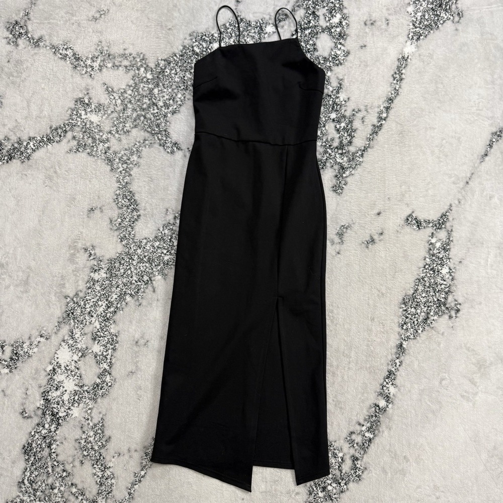 Whyte Valentyne Black Slip Dress Womens 10 Midi Minimalist Spaghetti Strap Slit